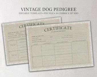 Twee vintage hondenstamboomcertificaten met tabellen en rasgegevens